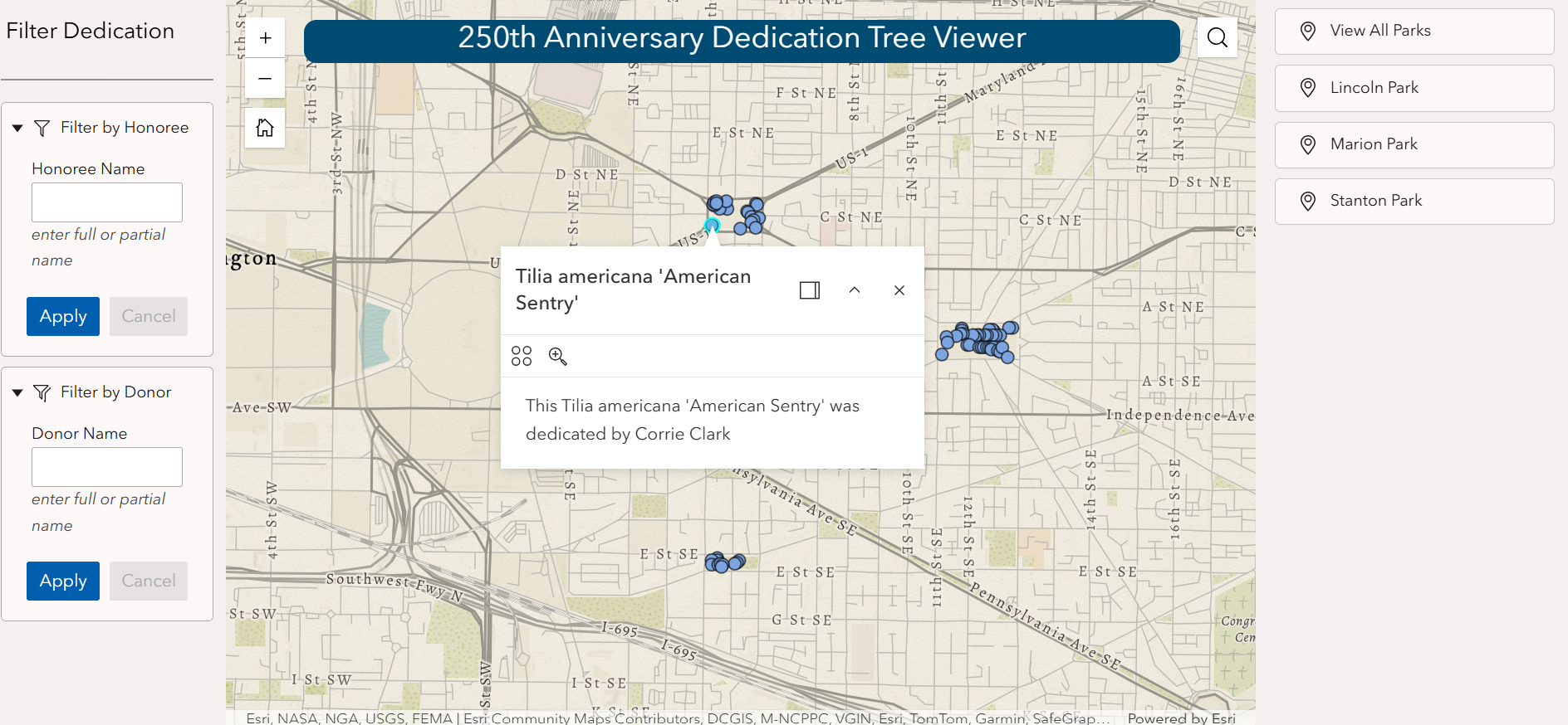 mapping application showing location of trees that were planted in honor of an individual