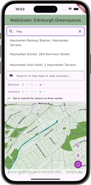 A mobile phone screen displaying a map and a drop down list of places