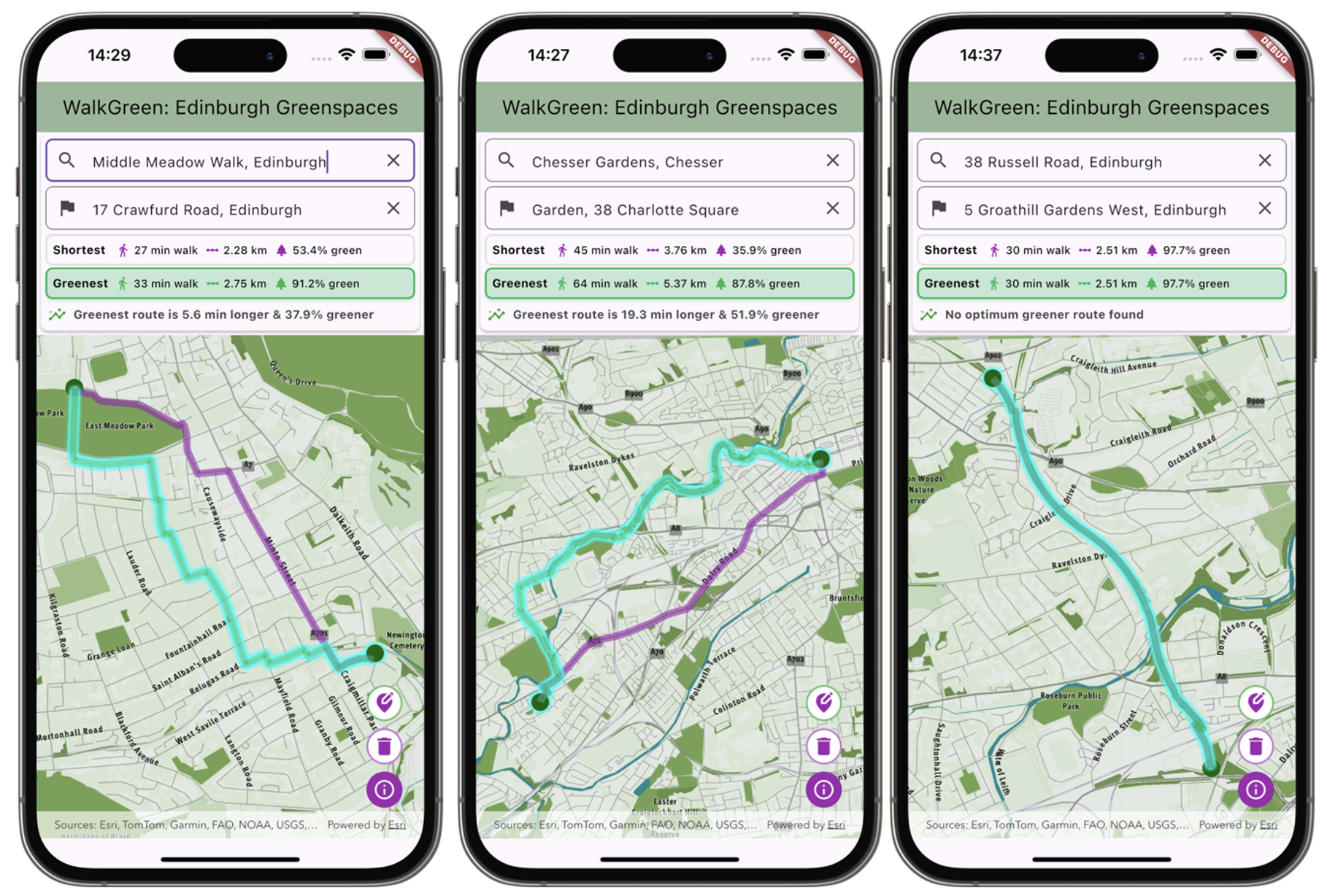 Three mobile phone screens displaying different route options through Edinburgh