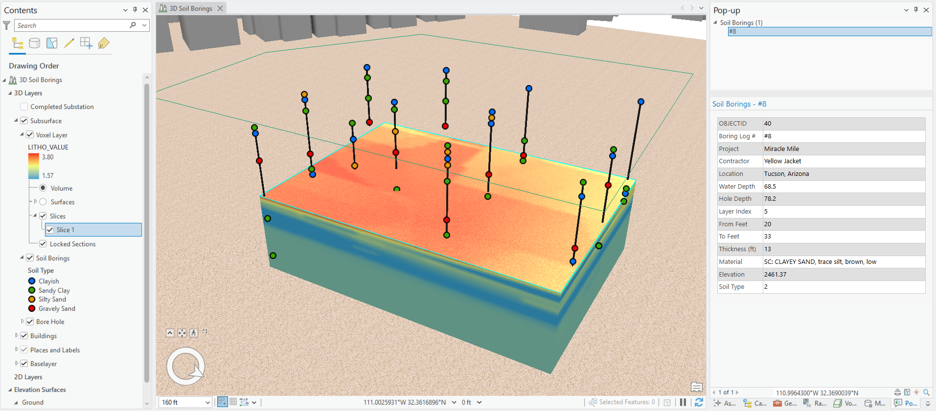 Map of soil boring points along a corridor with a popup showing one borehole's layer-by-layer soil profile.