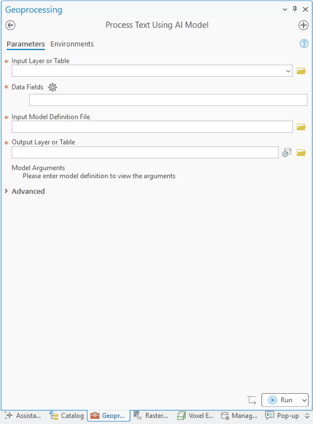 ArcGIS Pro geoprocessing pane for the Process Text Using AI Model tool showing its Model Arguments.