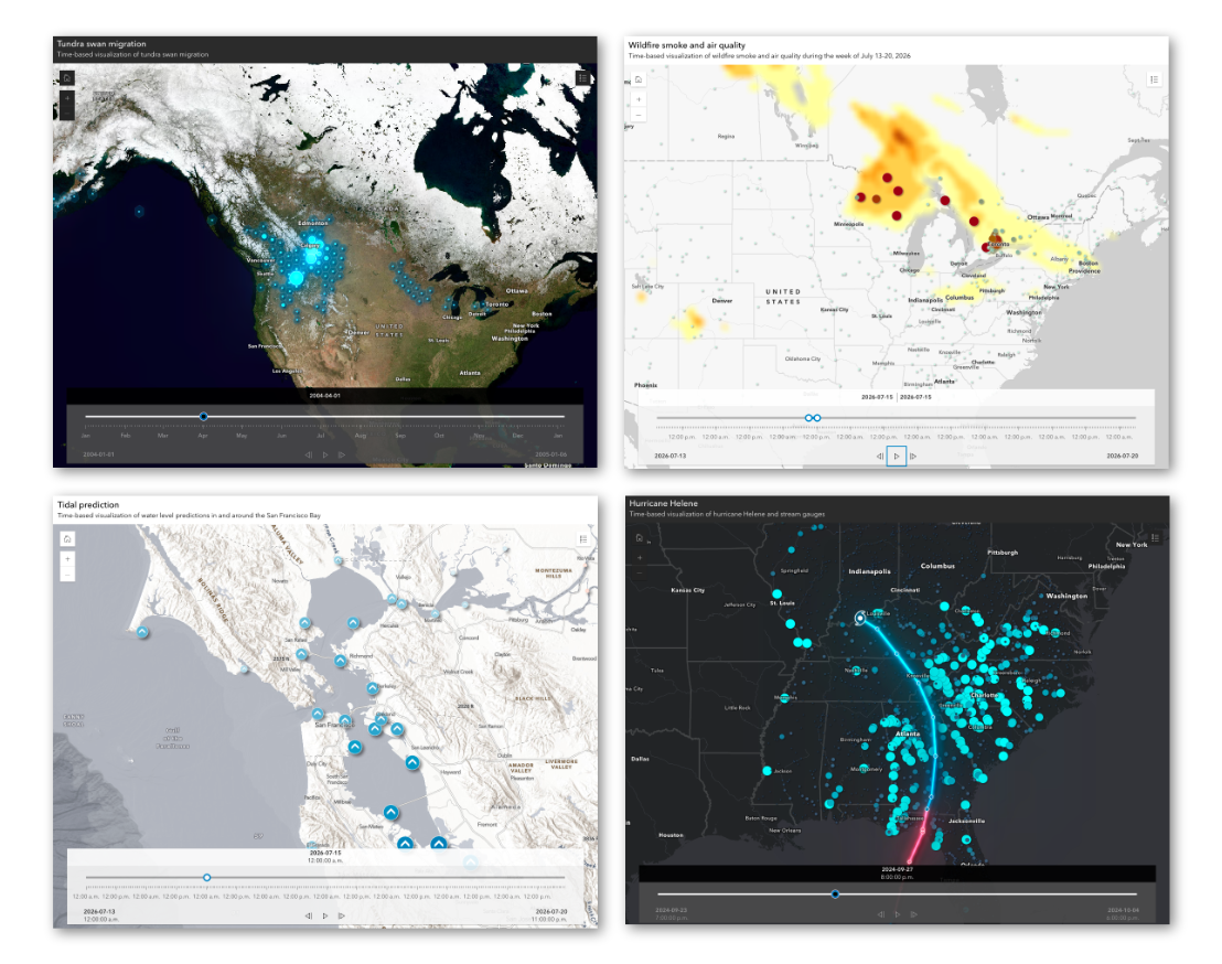Four screenshots arranged in a 2×2 grid showing time-enabled web maps running in ArcGIS Instant Apps. The upper-left map visualizes Tundra Swan migration using animated hexagons over NASA Blue Marble Next Generation imagery. The upper-right map shows wildfire smoke concentrations and air quality monitoring stations across North America. The lower-left map displays NOAA water level prediction stations throughout San Francisco Bay with a time slider for animating tidal changes. The lower-right map combines Hurricane Helene's storm track with animated stream gauge observations across the southeastern United States.