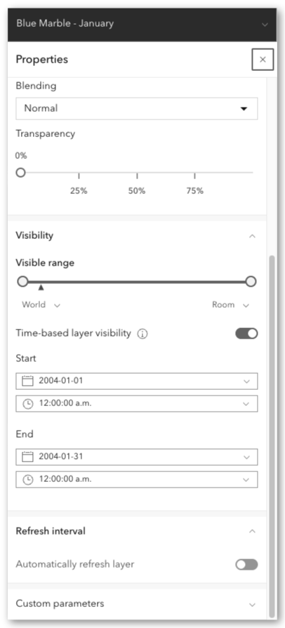 Screenshot of the Properties pane for a layer in ArcGIS Map Viewer showing the Time-based layer visibility settings. The layer, named "Blue Marble - January," includes controls for transparency, visible scale range, and temporal visibility. The Time-based layer visibility option is enabled, revealing start and end date settings that determine when the layer appears in relation to the map's time slider. In this example, the layer is configured to be visible from January 1, 2004 through January 31, 2004. These settings allow layers to automatically appear and disappear as the time slider advances.