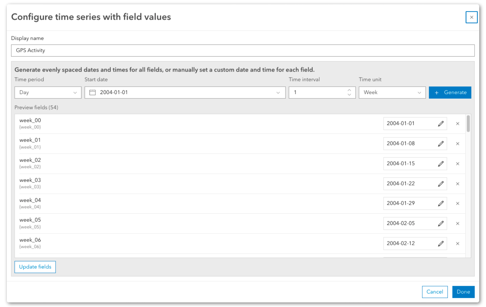 Screenshot of the Configure time series with field values dialog in ArcGIS Map Viewer. The configuration is being applied to a dataset named "GPS Activity." Controls at the top allow the user to automatically assign dates to fields using a start date, time interval, and time unit. In this example, fields are configured as weekly observations beginning on January 1, 2004, with a one-week interval between values. A preview table lists fields named week_00, week_01, week_02, week_03, and additional weekly fields, each paired with an assigned date. This interface demonstrates how Map Viewer's time series capability maps attribute fields containing sequential observations to dates, enabling column-based temporal data to be animated through time.