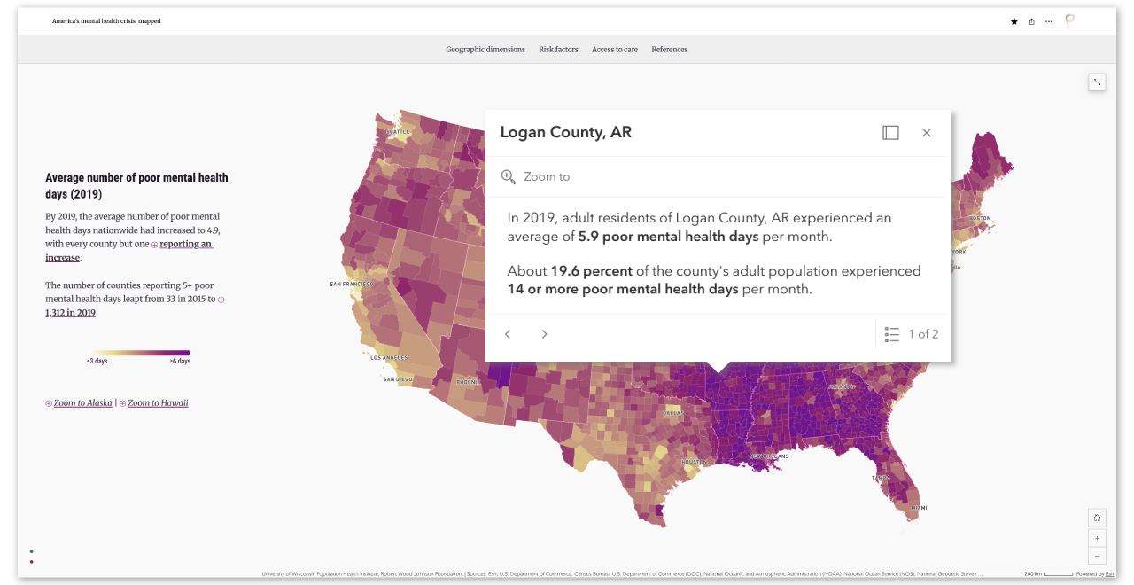 A screenshot of a county-level choropleth map of the United States. The web map has a pop-up active that describes in simple language several mental health-related attributes of the selected county in Arkansas.