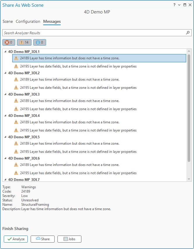 Messages tab with warnings
