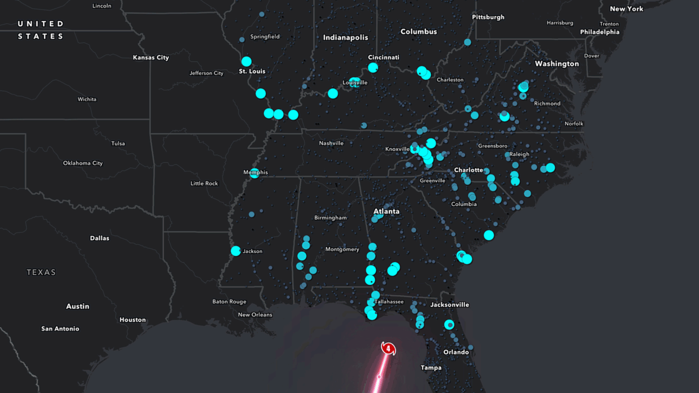 Animated map of the southeastern United States showing the progression of Hurricane Helene and changing stream gauge measurements during the storm. A hurricane track extends northward from the Gulf of Mexico while stream gauge locations are displayed as blue circles across the region. As the animation advances, circles grow and shrink to represent changing stream conditions at individual monitoring stations. The largest responses occur across Florida, Georgia, the Carolinas, Tennessee, and surrounding states as Hurricane Helene moves inland.