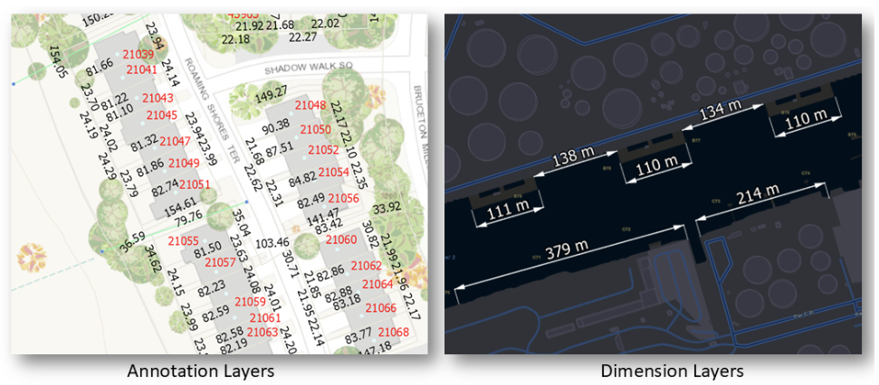 Annotation and dimension layers displayed on a map