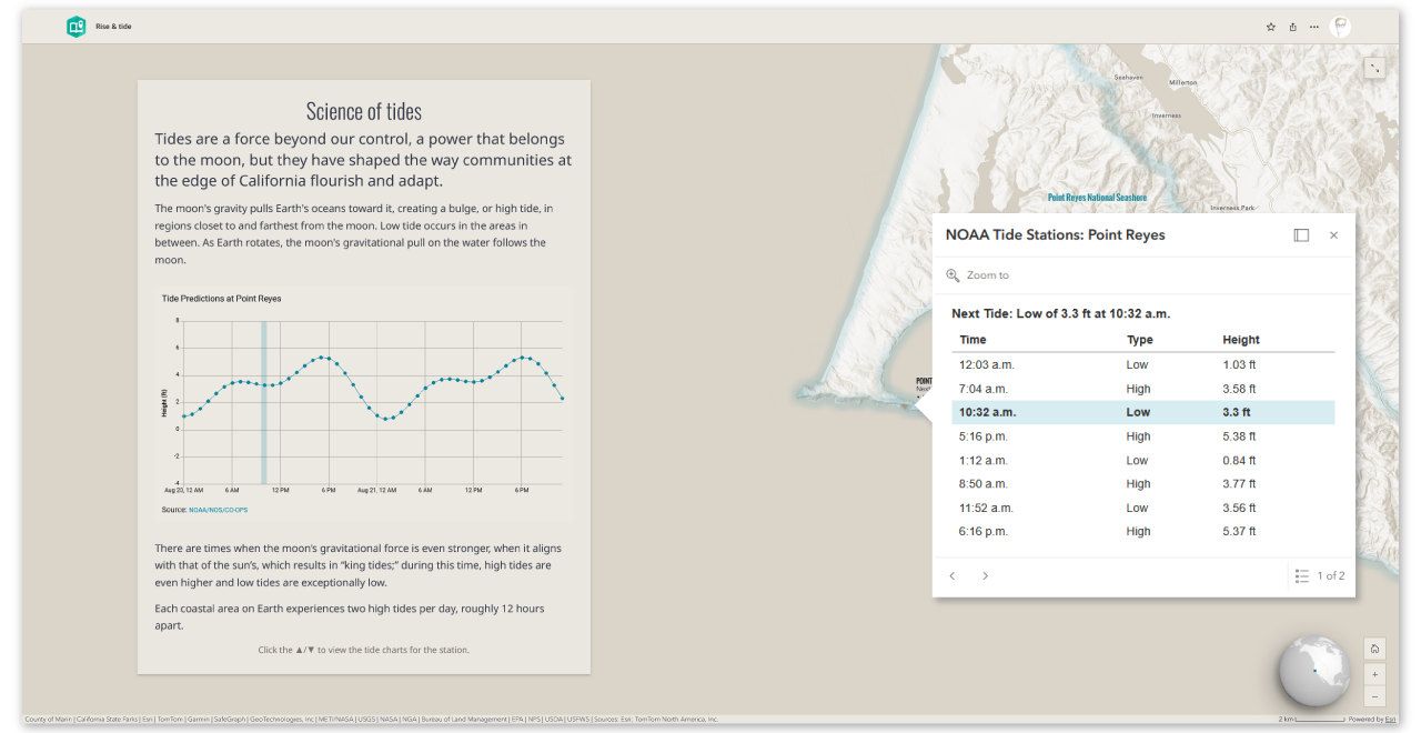 A screenshot of a map of the Point Reyes National Seashore in California. The web map has an active pop-up that features a tide table for the associated shoreline that updates in real-time.