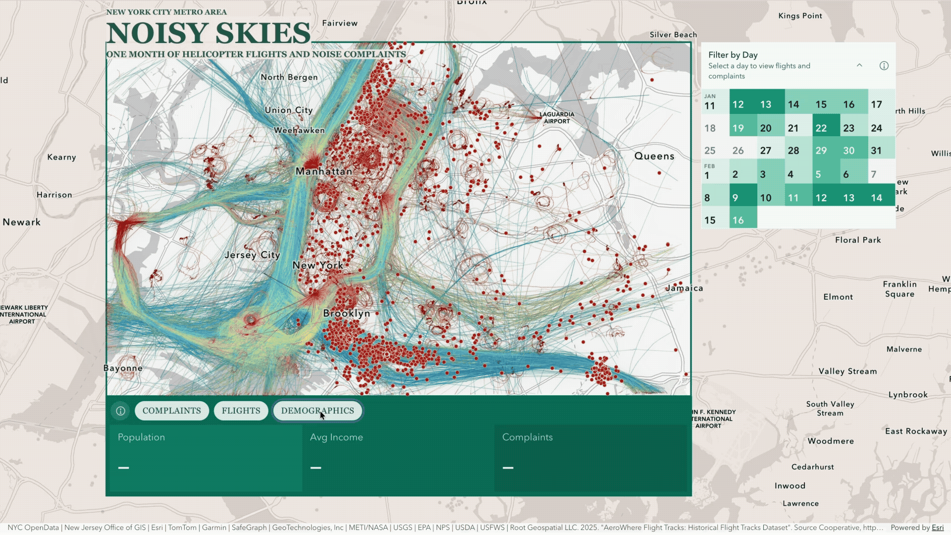 Interactive map of New York City helicopter traffic and noise complaints, showing flight paths across the region and red dots representing complaint locations, with filters for date and demographic analysis.