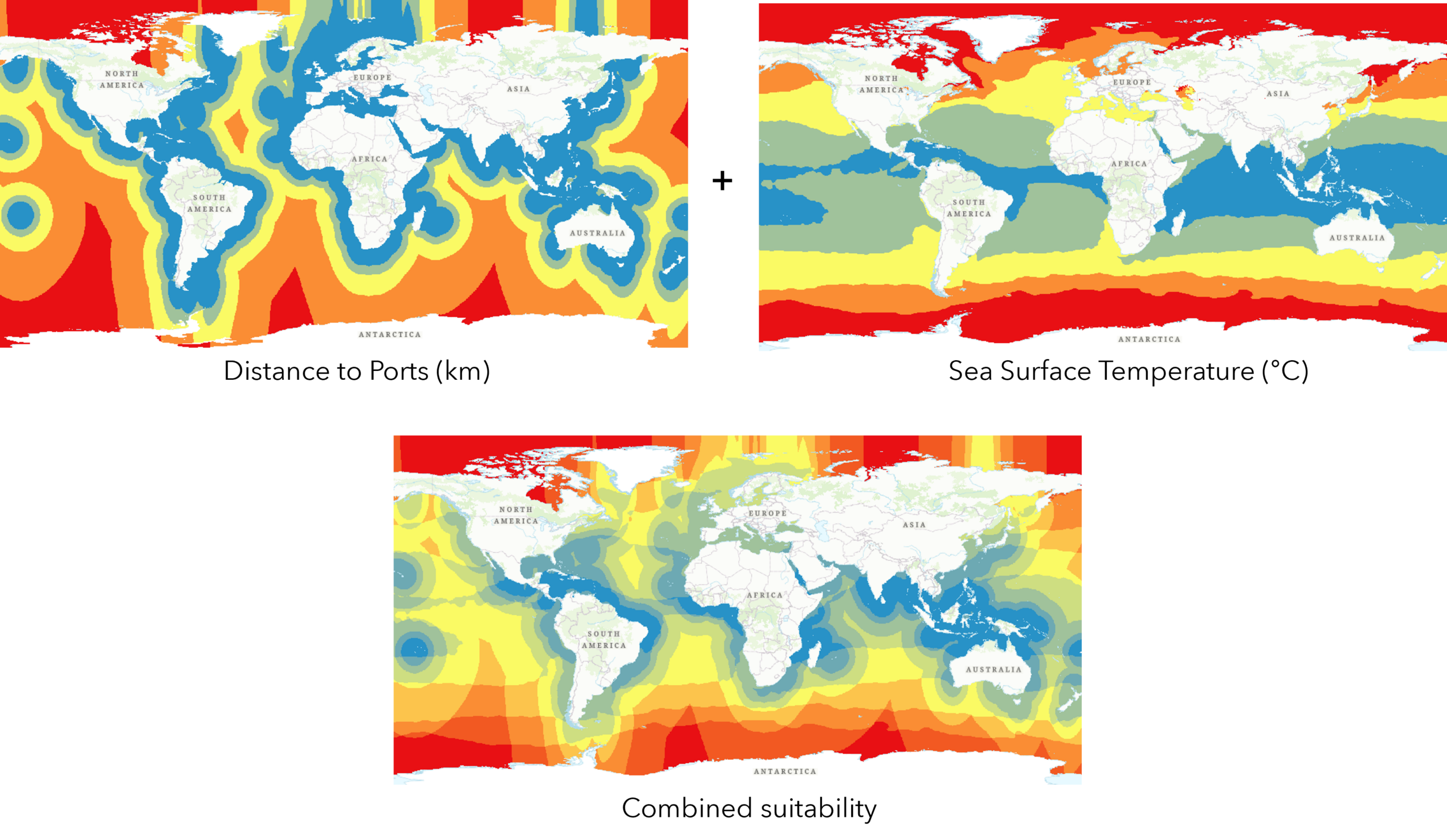 Three maps showing global ocean suitability scores based on distance to ports (km), sea surface temperature (C) and a combined suitability output of those two input layers modeled together.