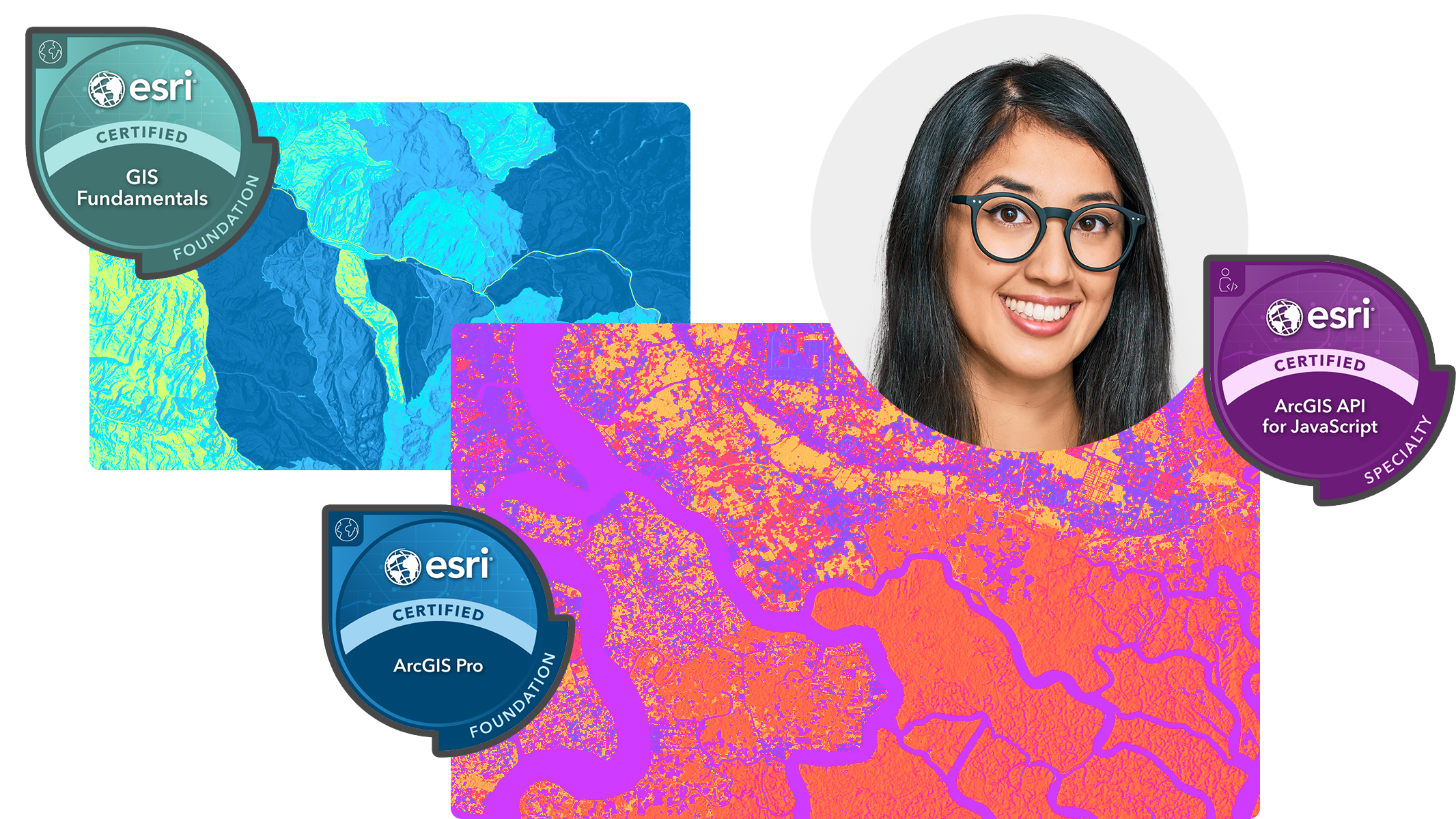 A smiling woman in glasses and long dark hair is surrounded by floating, colorful maps in boxes and certification badges.