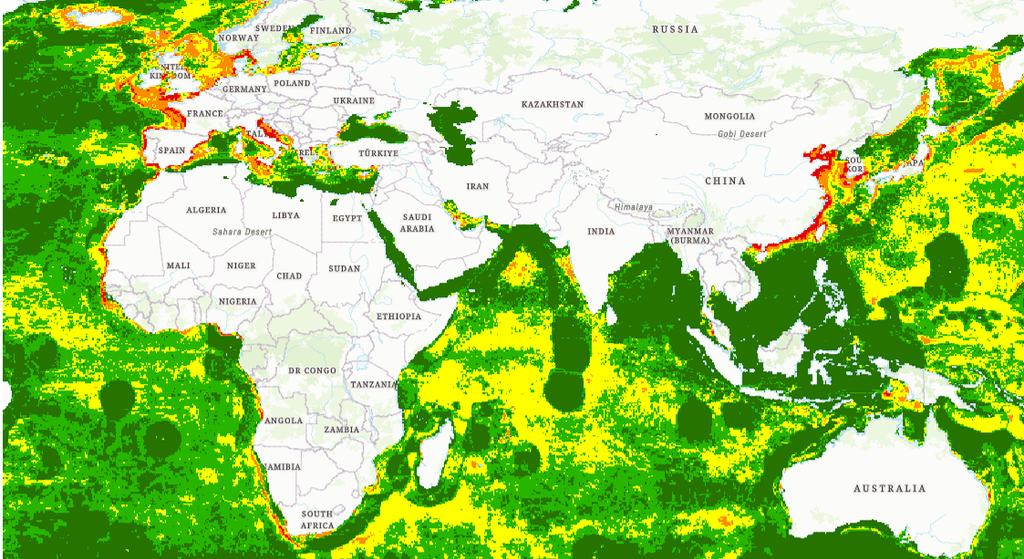Map showing a suitability model output for a single layer: commercial fishing activity intensity, where pixels with greater, moderate, and less intense fishing activity appear as red, yellow, and green, respectively.