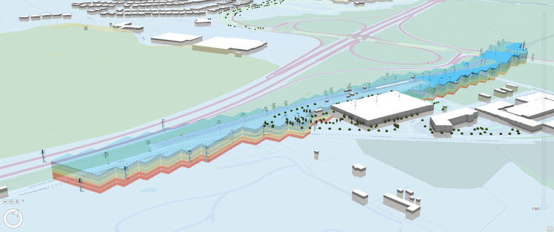 3D view of geotechnical scene in ArcGIS Pro. Includes subsurface layers, 3D buildings, trees, and basemap with terrain.