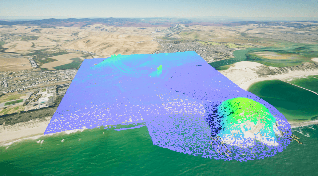 Point cloud layer example demonstrating stretch renderer. Map Data: Pacific Gas and Electric Company (PG&E) Watershed Sciences Inc.