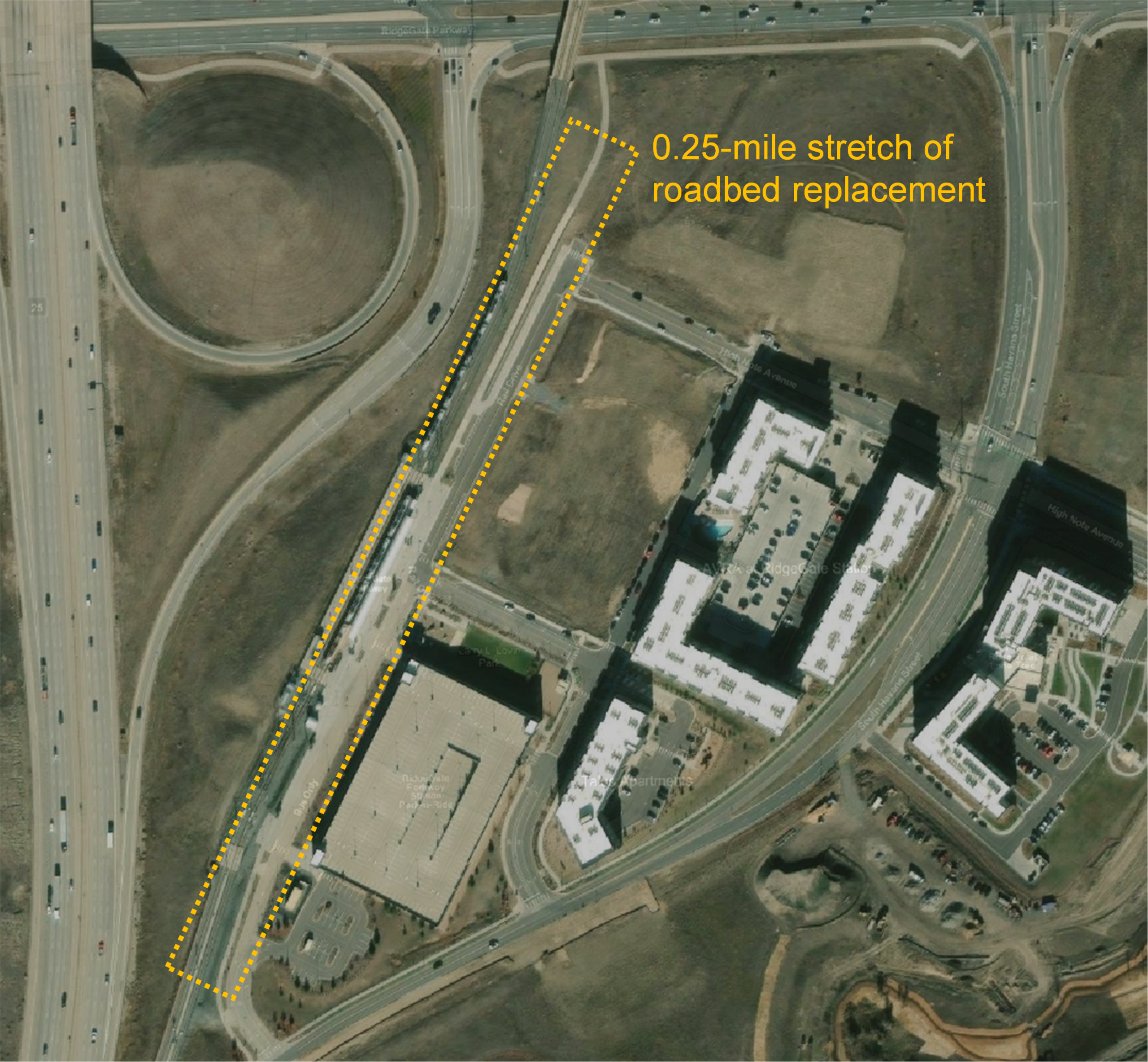 Plan view of a hypothetical project site showing a roadway and surrounding infrastructure.