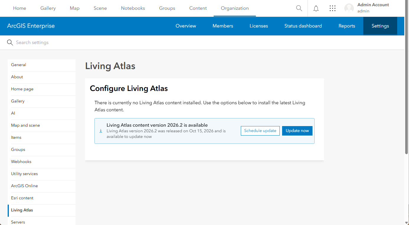 ArcGIS Enterprise portal organization settings showing content package 2026.2 is available for download