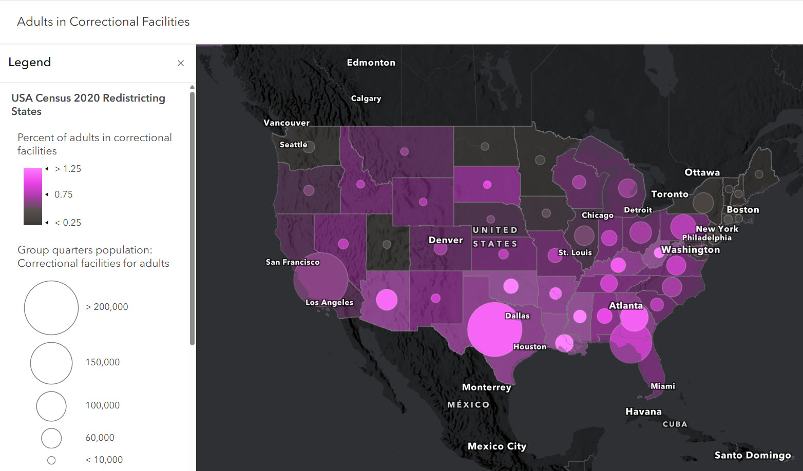 State-level map of percent of adults in correctional facilities depicted by color and count of adults in correctional facilities depicted by size of symbol. Lower percentages are in dark gray, higher percentages are in bright pink.