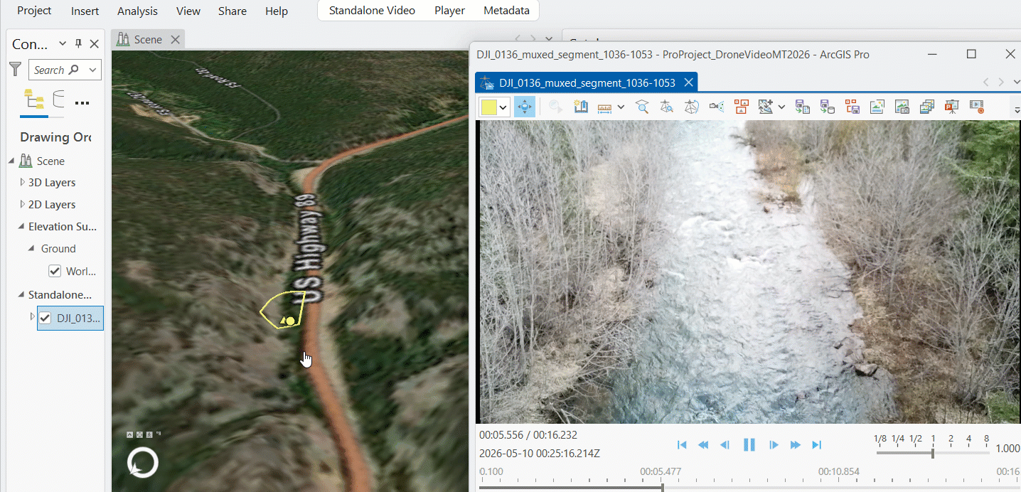 Short segment of video survey over Belt Creek (central Montana) - drone video after multiplexing, via Motion Imagery tools in ArcGIS Pro