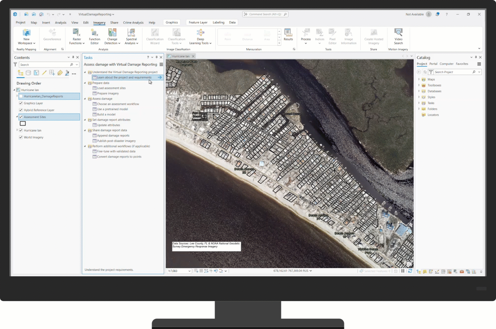 A GIS analyst follows guided tasks in ArcGIS Pro to prepare their data and run the damage assessment.