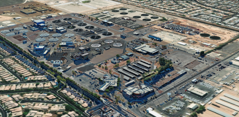 3D aerial view of a water treatment facility and surrounding infrastructure