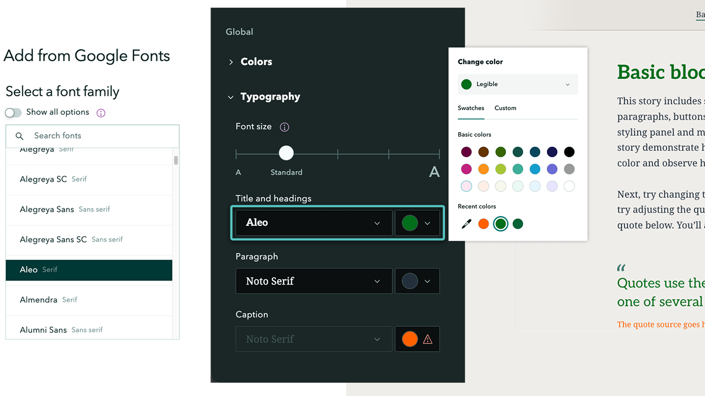 User interface showing multiple options for modifying a theme, such as color and font choices.
