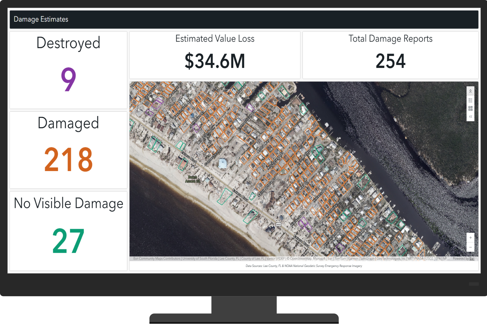 Emergency managers can see damage totals, estimated value loss, and the locations of completed damage reports in the Damage Estimates dashboard.