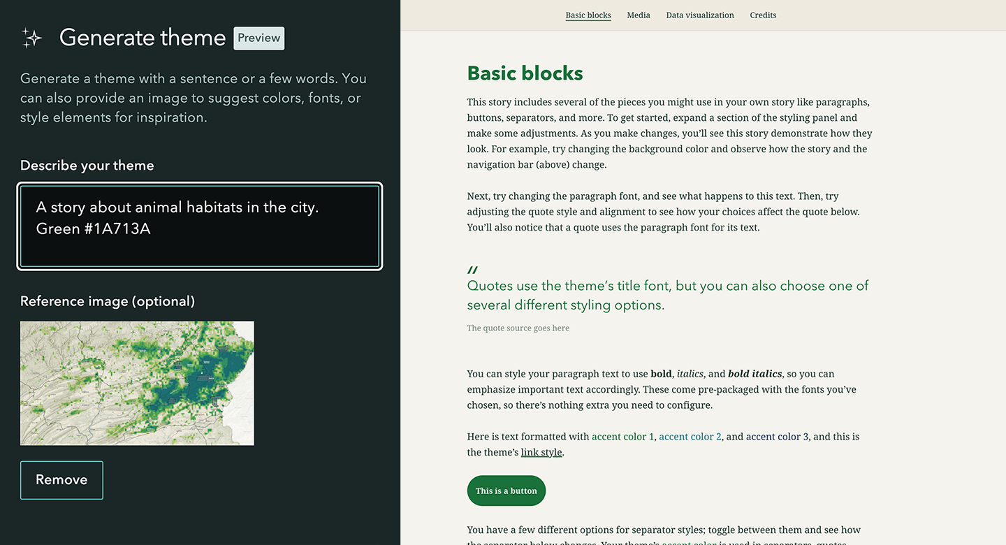 Pairing the description "A story about animal habitats in the city. Green #1A713A" with a reference image of a map to generate a theme in the theme builder.