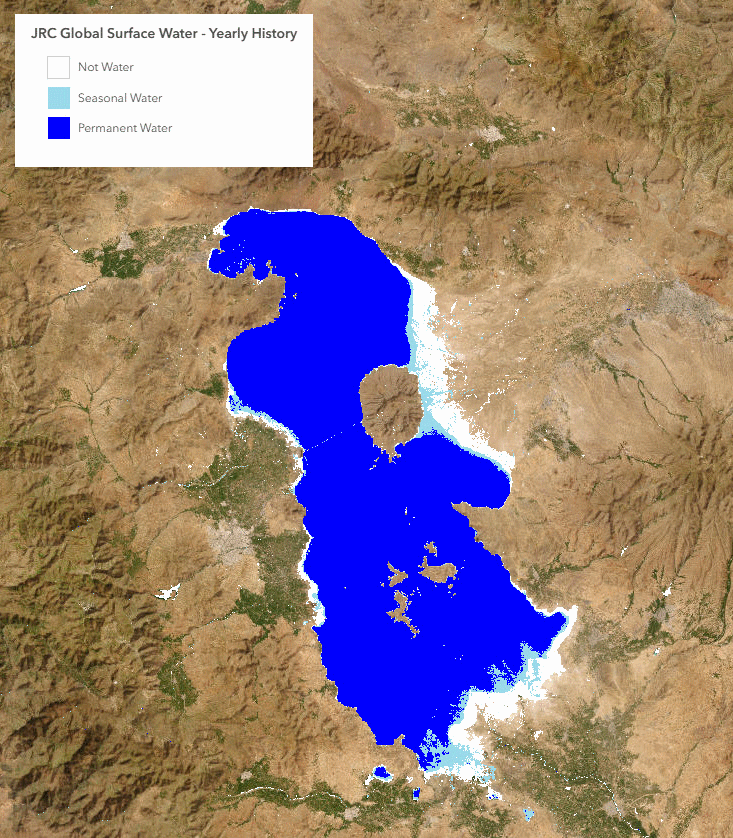 Animated map of Lake Urmia, Iran, showing annual surface water from 1984 through 2021. The animation shows substantial changes in the lake’s extent over time, including periods of decline and temporary recovery.