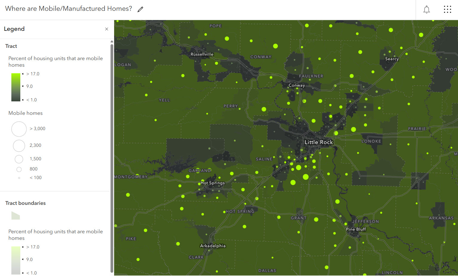 Tract-level map of Little Rock, AR showing the percent of all housing units that are mobile homes depicted by color and the count of all mobile homes depicted by size of symbol. Color ramp goes from dark gray for the lower values.
