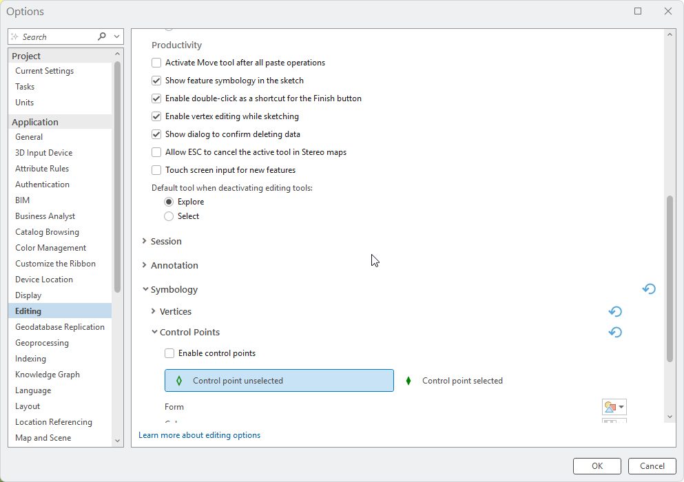 Options dialog with Editing side tab active