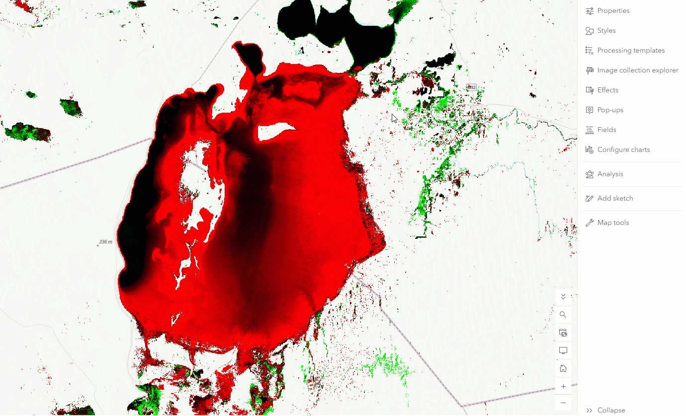 The selection of the Colorized and None processing templates for the Occurrence Change Intensity layer in ArcGIS Map Viewer.