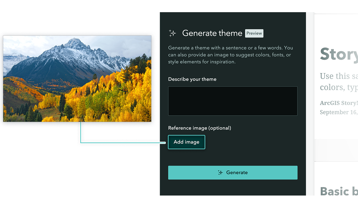 User interface showing a landscape photo being uploaded as a reference image to generate a custom theme with the AI assistant in the theme builder.