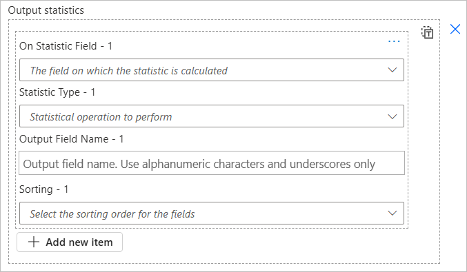 The Output statistics box in the Get data from feature layer action.