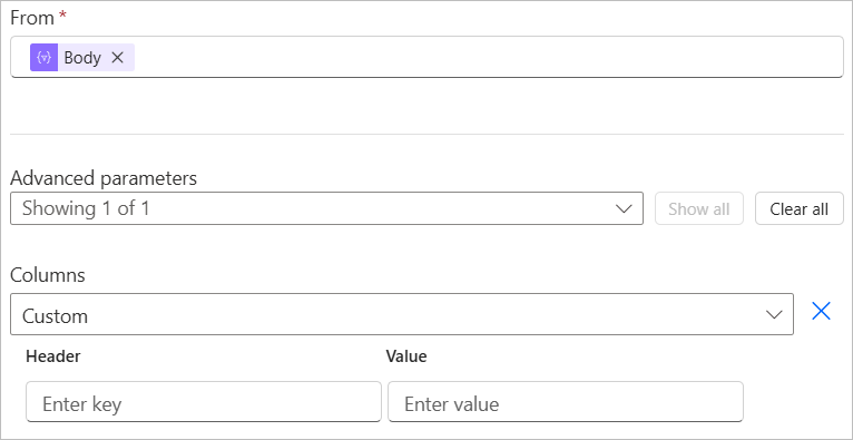 The Create HTML table action window