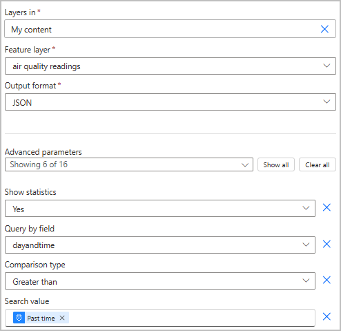 The Get data from feature layer action set to filter out data older than a week.