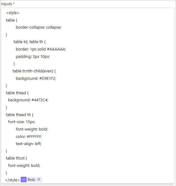 CSS code entered into the Compose action