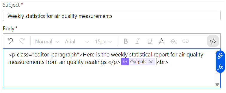 The code view of the Body parameter in the Send an Email (V2) action