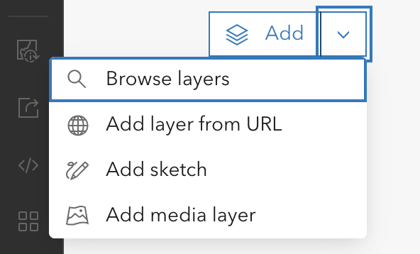 A screenshot of the add layers drop-down menu in map viewer, showing the options to add sketch and media layers.