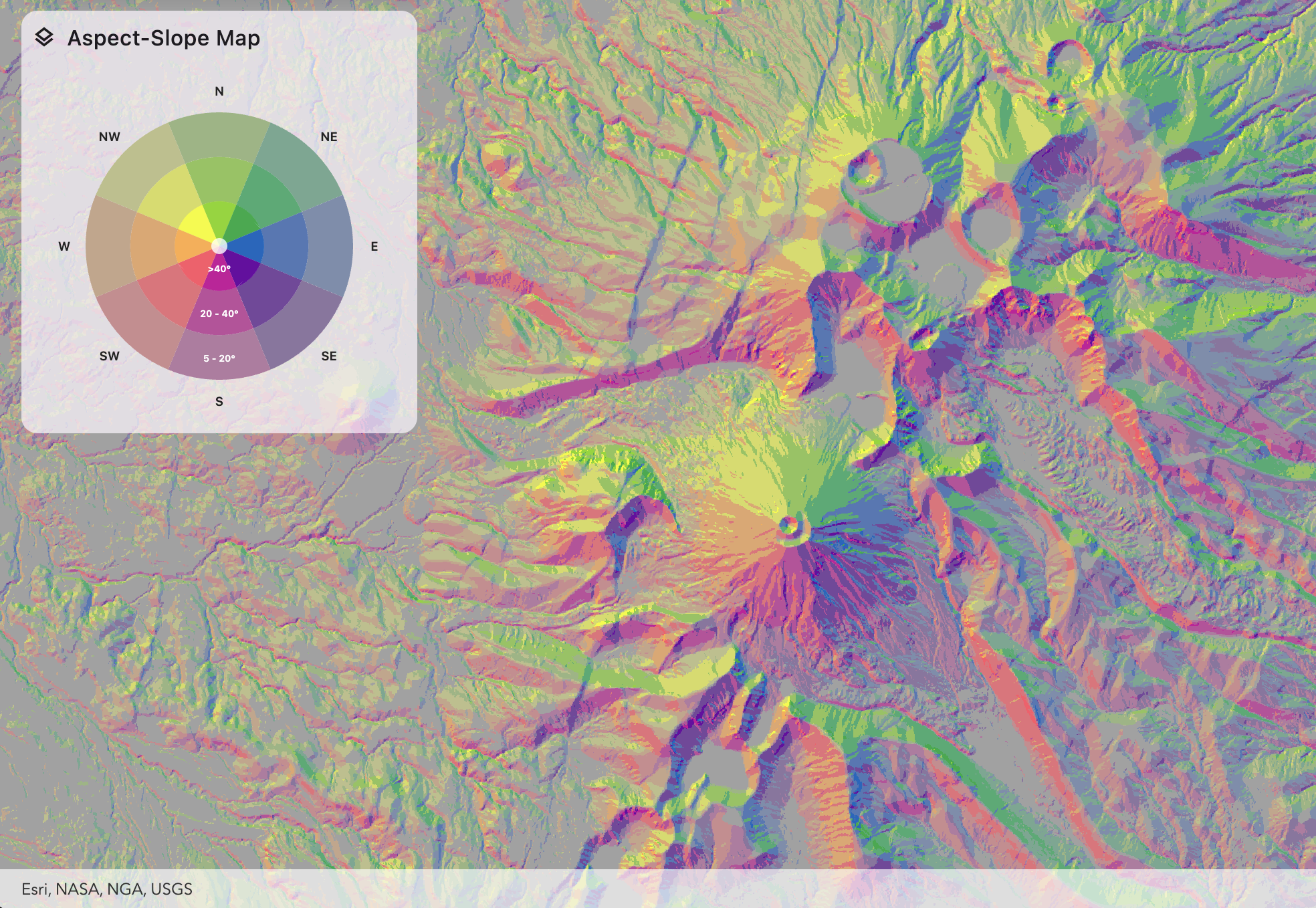 Aspect-slope map of Tongariro National Park showing terrain classified by both slope and aspect. Different colours represent slope direction, while colour intensity indicates increasing steepness.