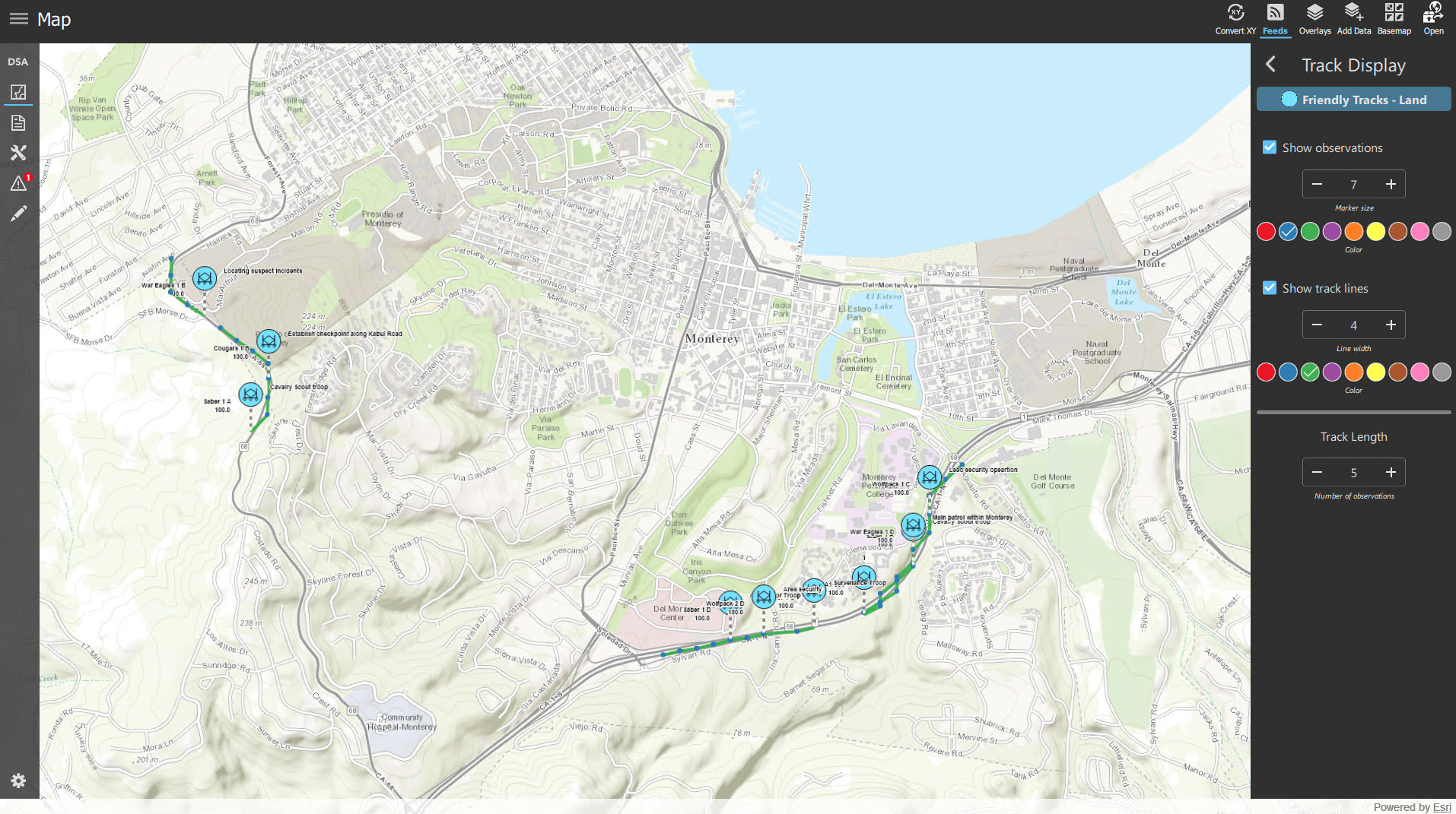 Map displaying a track of the feed in the Dynamic Situational Awareness app