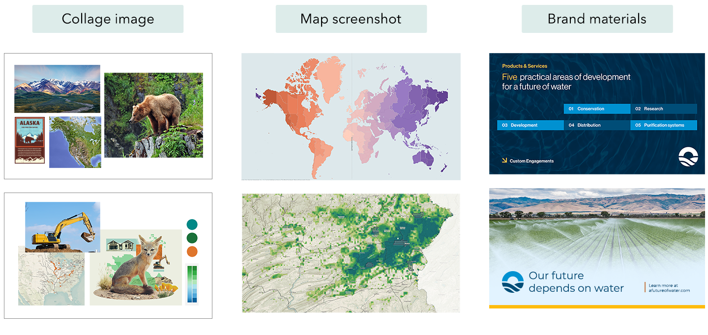 Three columns of images showing the different types of reference images to include in the generate theme builder. Column 1 a collage of images, Column 2 a map screenshot, Column 3 branded materials such as a presentation slide.