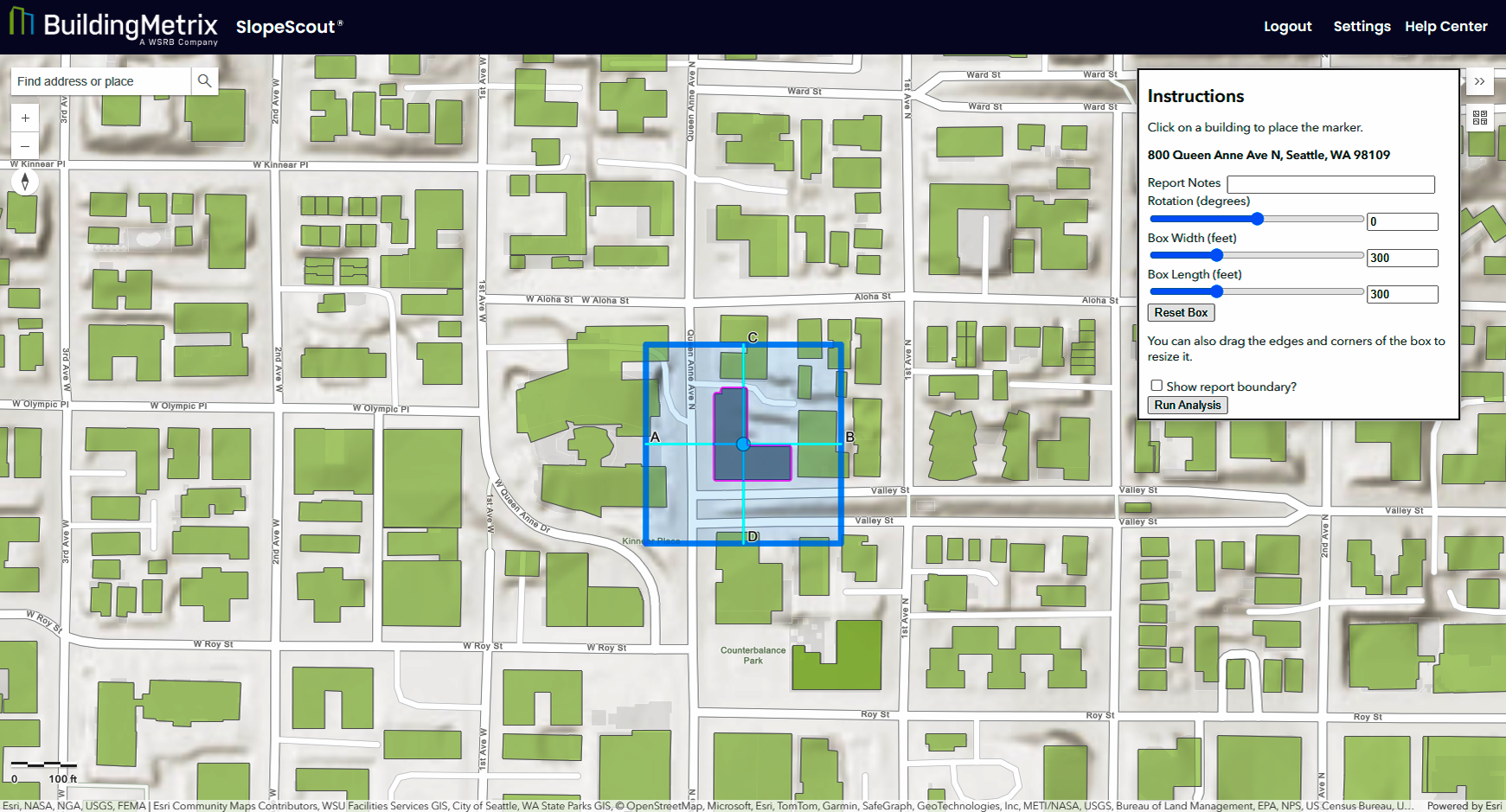 Interactive map of Seattle's Queen Anne neighborhood showing a selected building with an adjustable analysis boundary and property assessment tools in the SlopeScout application.