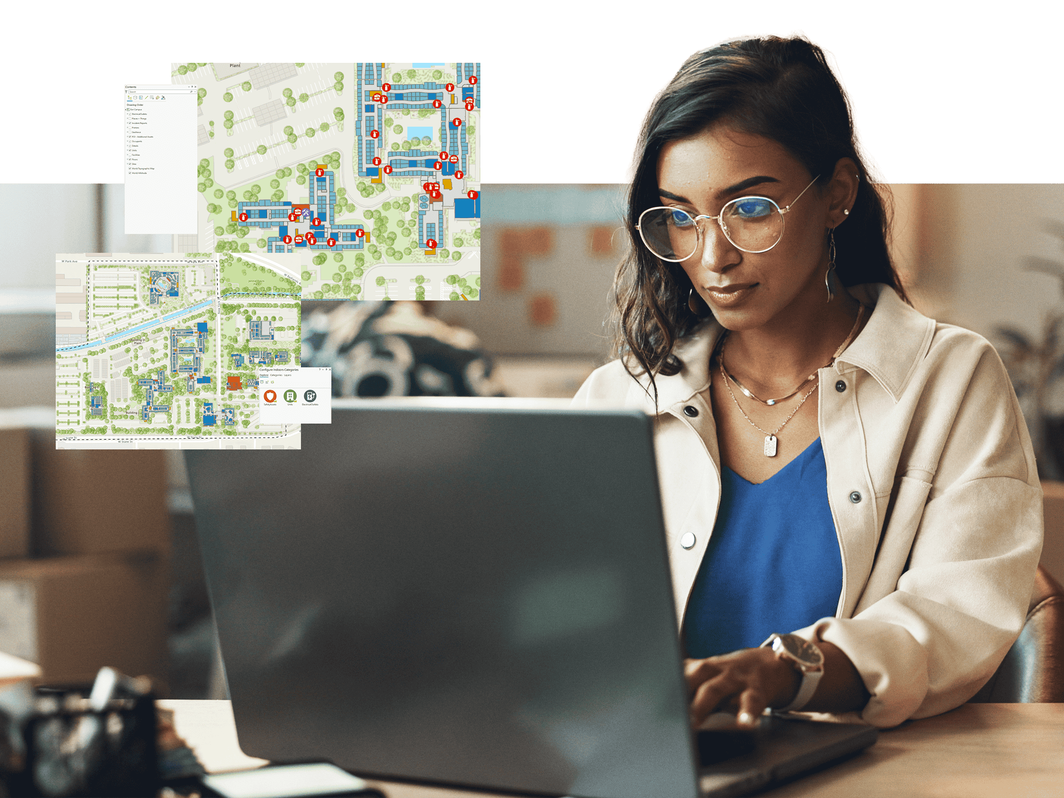 Person looking at a computer screen with Indoor GIS visuals included