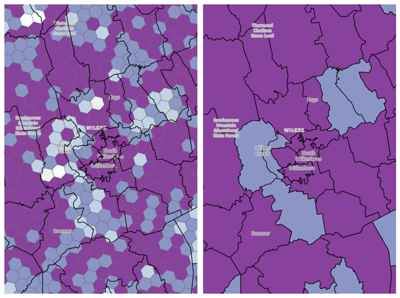 On the left are H3 Level 7 hexagons containing embeddings, symbolized by a randomly selected dimension, with voting precincts overlaid. On the right are the precincts with the hexagon level embeddings aggregated to the larger polygon using an intersection and an average, symbolized by the same dimension as on the left. Aggregating embeddings to other scales is an ongoing area of research with unknown implications.
