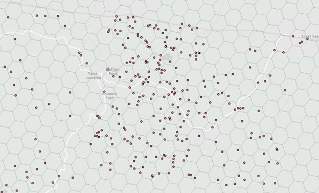 grey wolf sightings from iNaturalist layered over H3 Level-7 hexagons containing embeddings. There are multiple points in many of the hexagons, which would lead to repeated enriched values.