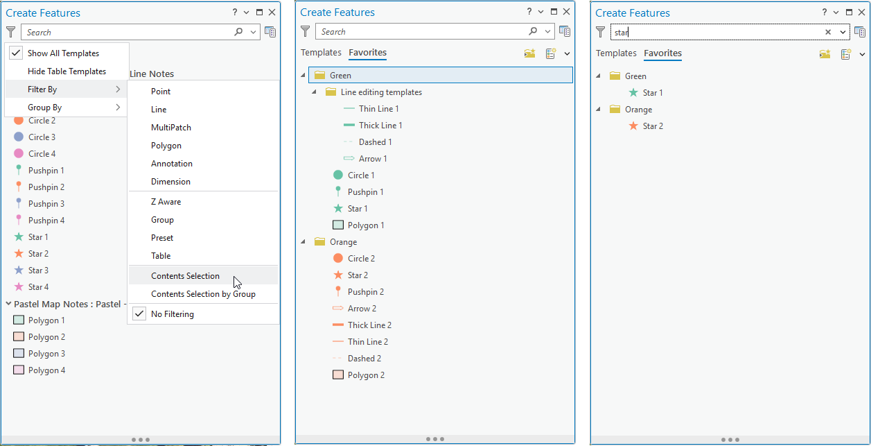Create Features pane showing searching and filtering, and Favorites.