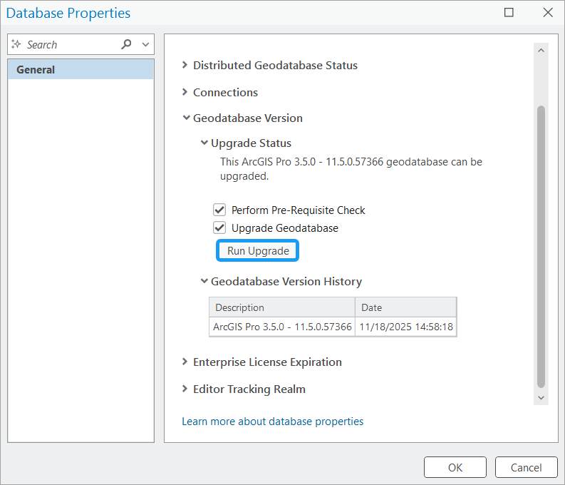Upgrade the geodatabase option