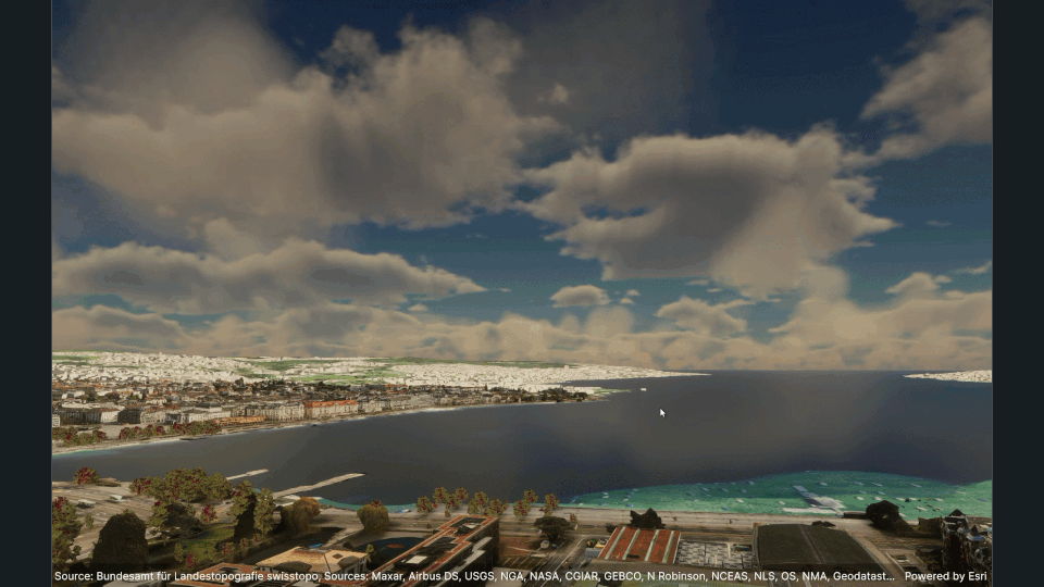 3D geospatial visualization of a coastal city combining GIS data, terrain, buildings, and environmental effects in a game engine.