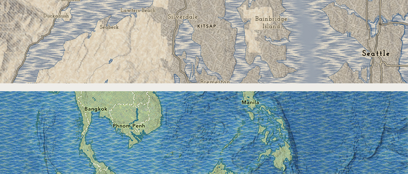 Sample areas of the two maps featured,. The Seattle area in te 19th Century map, and teh Philippines in the Pointillist map